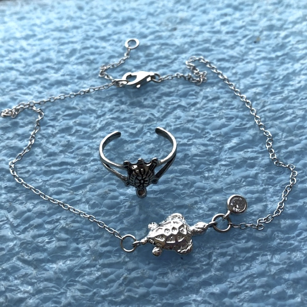 2 Sterling silver Turtle ring anklet bracelet lot